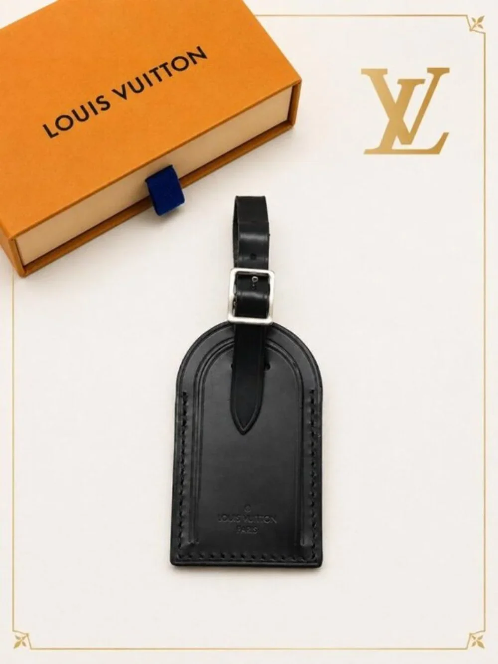Authentic Louis Vuitton Black Luggage Tag Silver Hardware LV Box